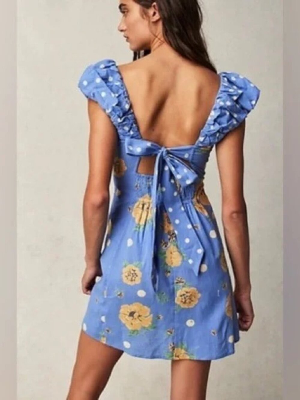 Free People Blue Yellow Floral Polka Dot Smocked Mini Dress XL - Picture 10 of 10